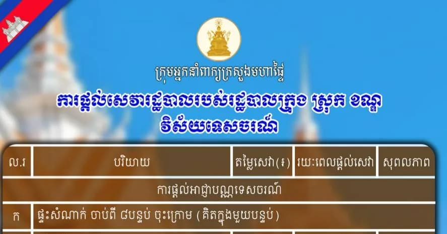 មកដឹងពីតម្លៃសេវា និងរយៈពេលនៃការផ្តល់សេវារដ្ឋបាល របស់រដ្ឋបាលក្រុង ស្រុក ខណ្ឌ ក្នុងវិស័យទេសចរណ៍